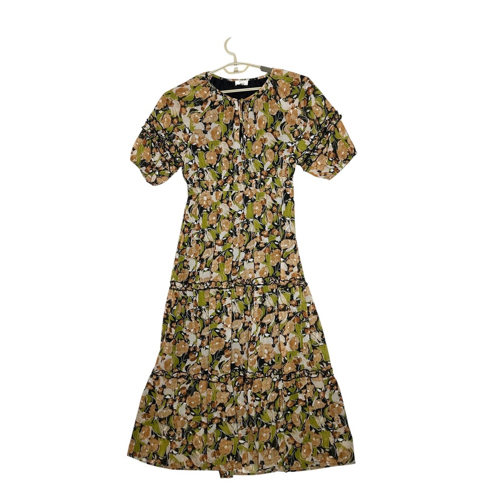 Dizzy Lizzy Womens Tiered Maxi Dress Large Dark Floral Peasant Ren Fare Brown